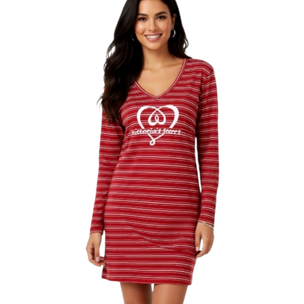 Victoria's Secret Sleep Shirt Red and White Striped Long Sleeves Cotton Small